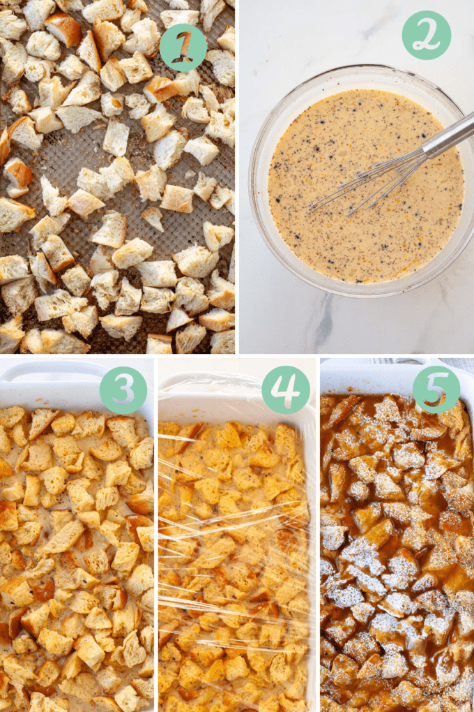 step by step instructions with visuals on how to make eggnog bread pudding