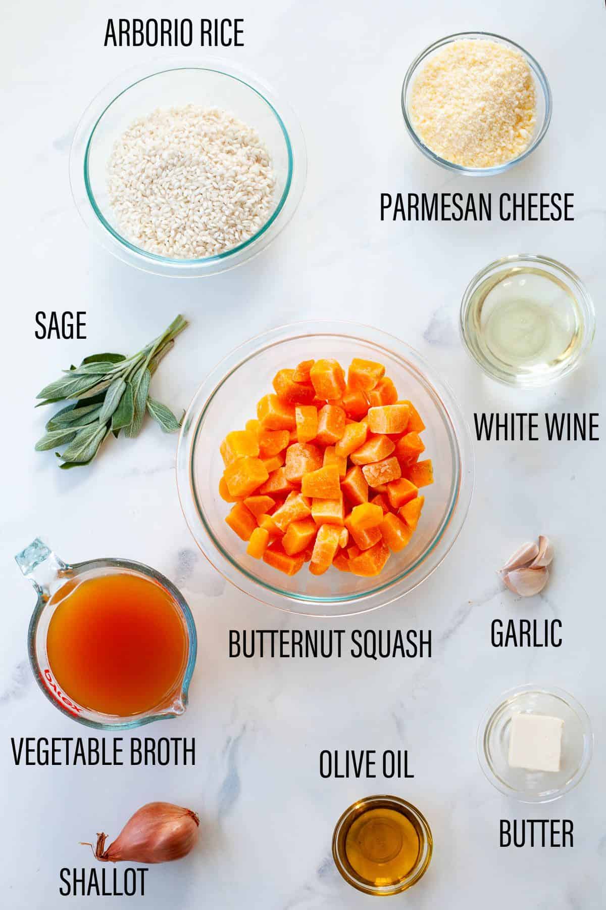 graphic of ingredients for instant pot butternut squash risotto with text overlay on marble board