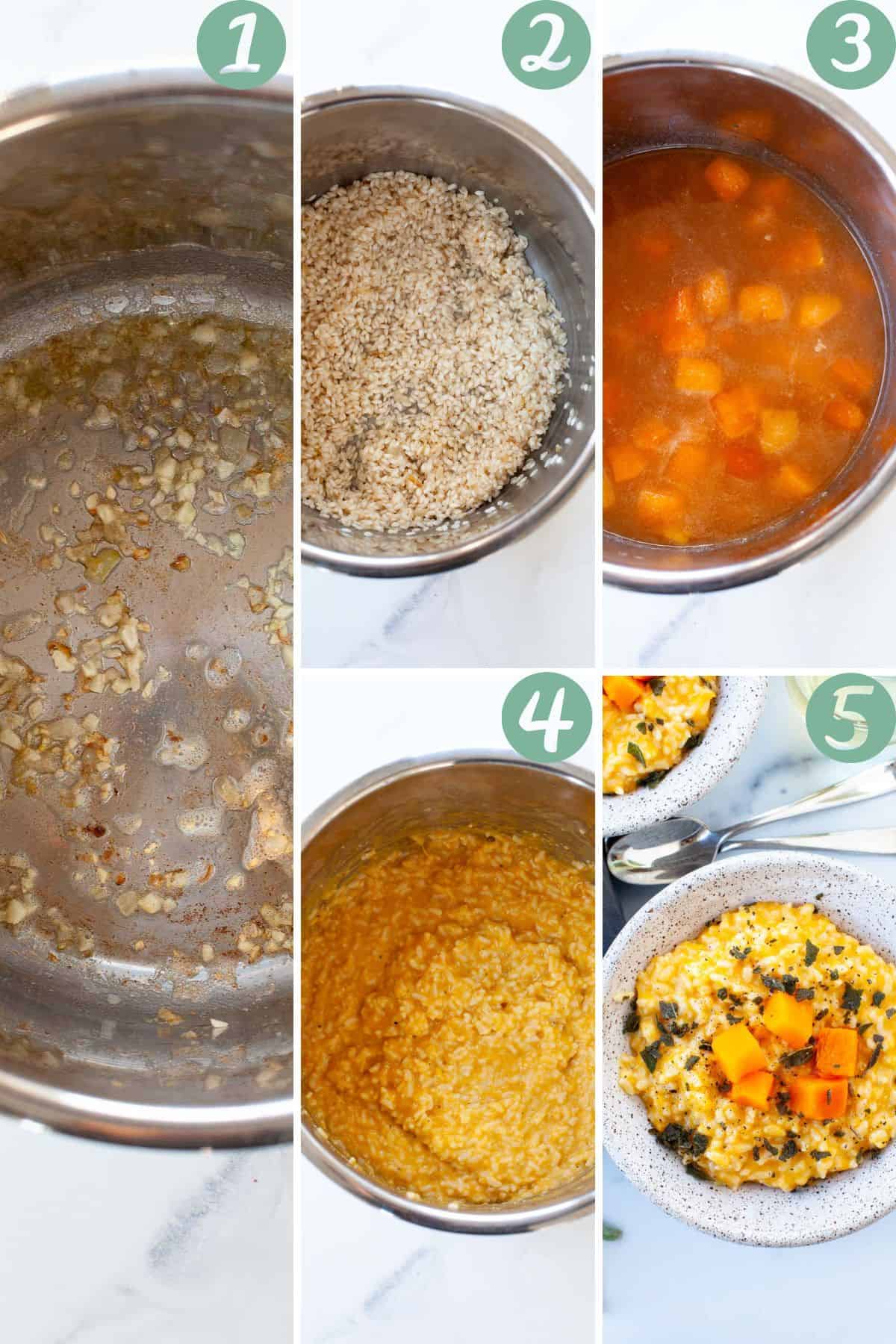graphic of step by step how to make butternut squash risotto in instant pot