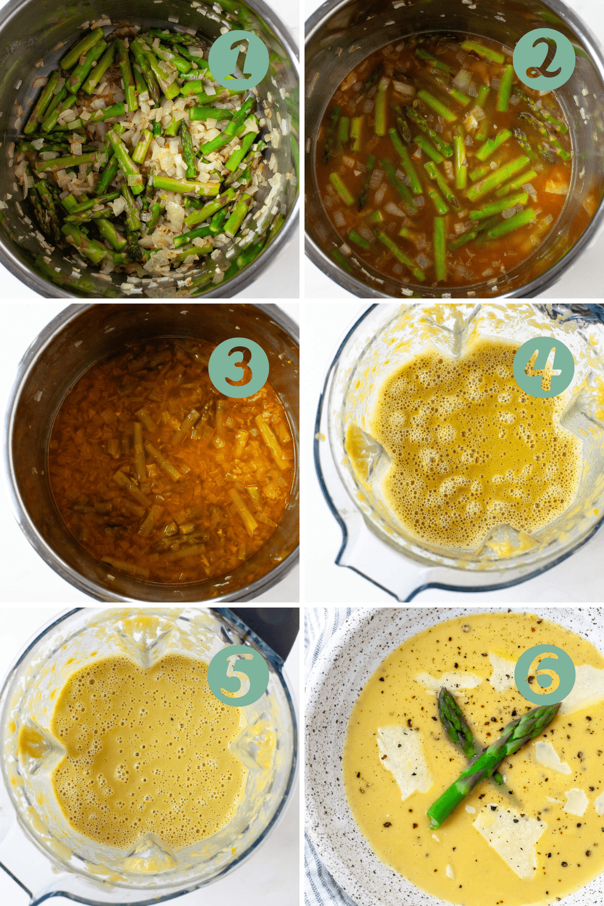graphic step by step ingredients for cream of asparagus soup, 6 steps