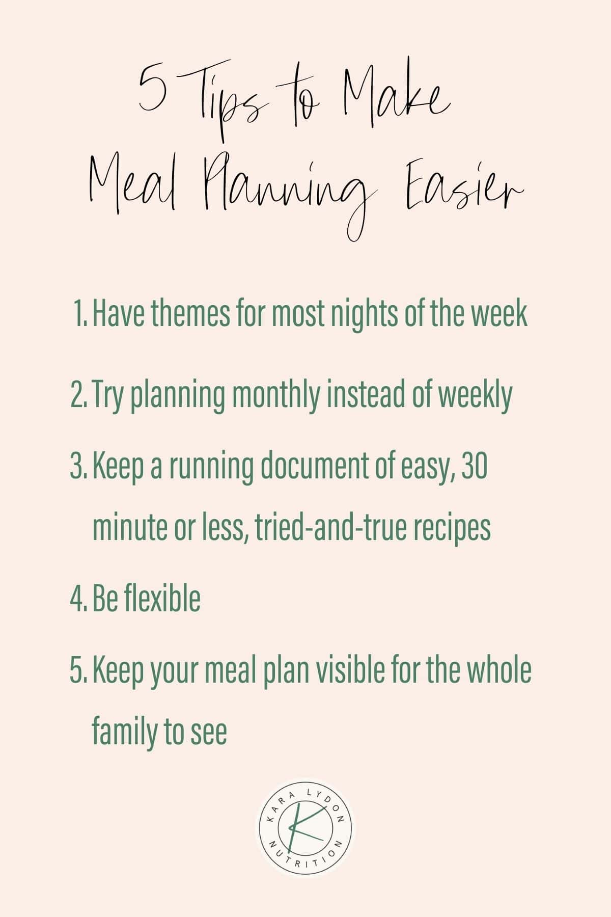 pink graphic with list 1-5 of tips to make meal planning easier.